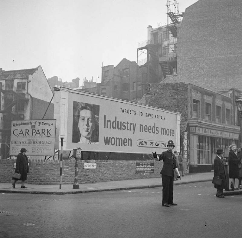‘Targets to Save Britain’: Billboard with a call for more women in heavy industry, 1947.